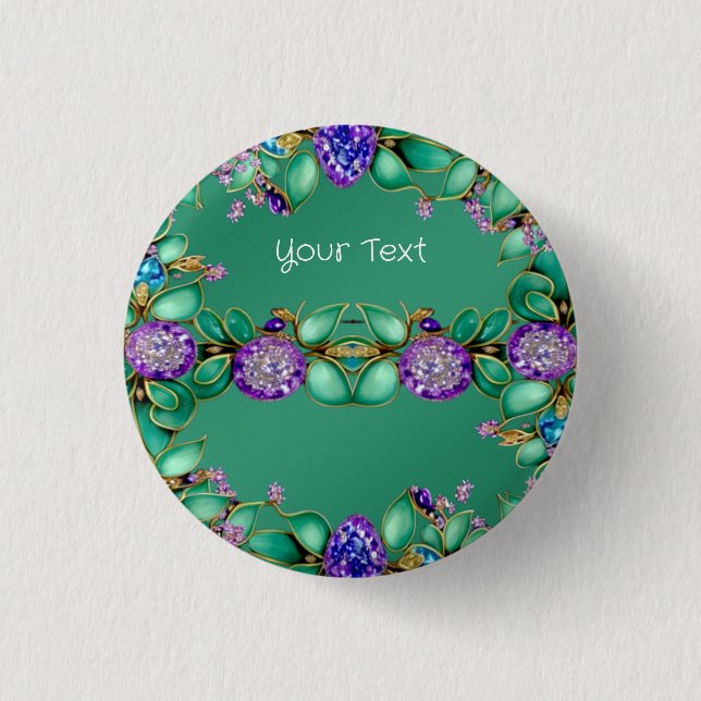 Green Leaves Purple Gemstones Pinback Button (Front)