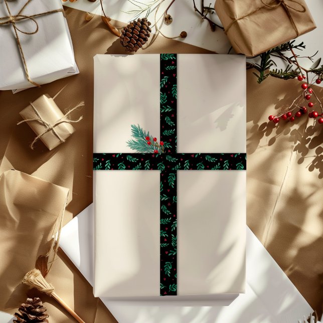 Green Leaves & Red Berries Christmas Pattern Black Satin Ribbon (Creator Uploaded)