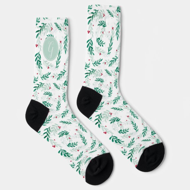 Green Leaves & Red Berries Christmas Pattern White Socks (Right)