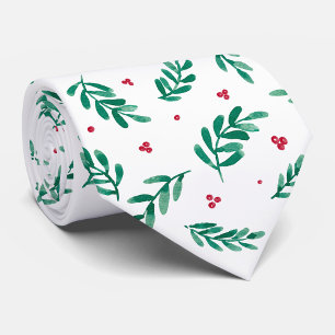 Green Leaves & Red Berries Christmas Pattern White Tie