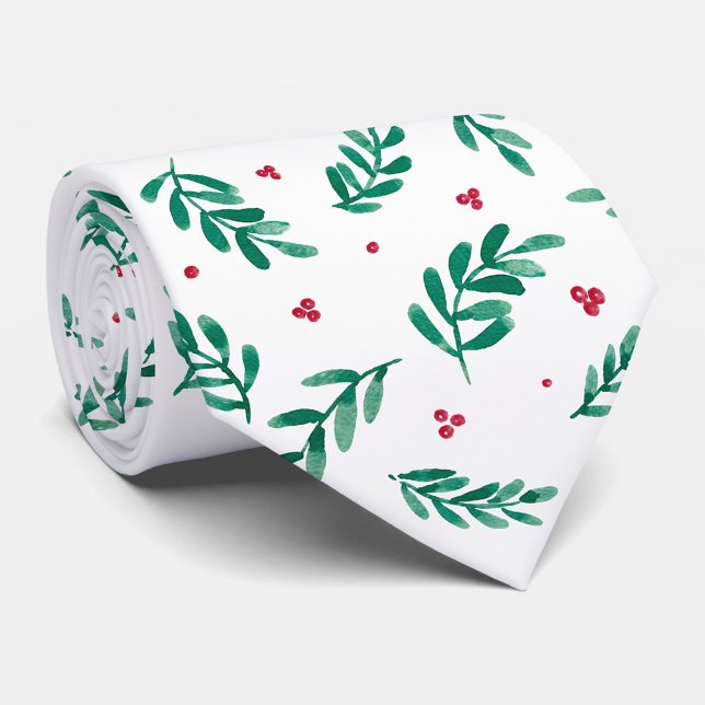Green Leaves & Red Berries Christmas Pattern White Tie (Creator Uploaded)