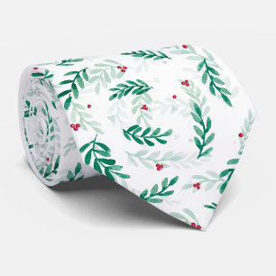 Green Leaves & Red Berries Christmas Pattern White Tie