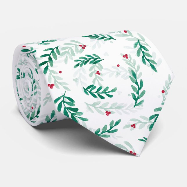 Green Leaves & Red Berries Christmas Pattern White Tie (Creator Uploaded)