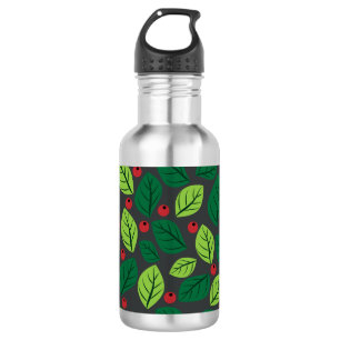 Green Leaves, Red Berries, Pattern Of Leaves 532 Ml Water Bottle