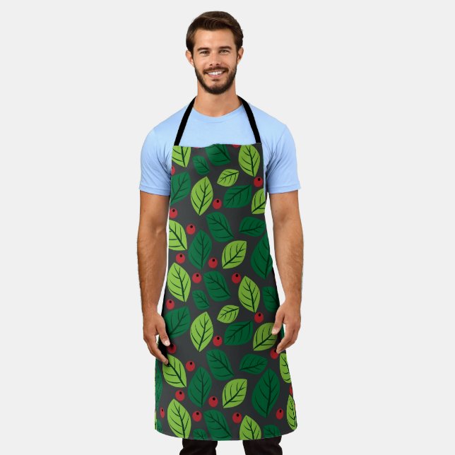 Green Leaves, Red Berries, Pattern Of Leaves Apron (Worn)