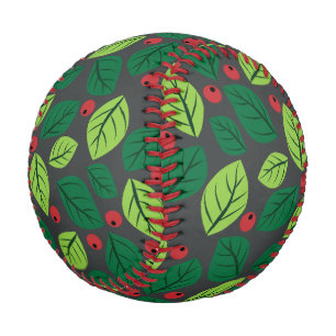 Green Leaves, Red Berries, Pattern Of Leaves Baseball