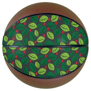 Green Leaves, Red Berries, Pattern Of Leaves Basketball