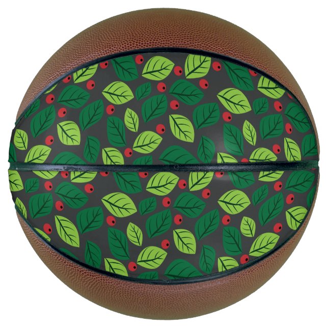 Green Leaves, Red Berries, Pattern Of Leaves Basketball (Front)