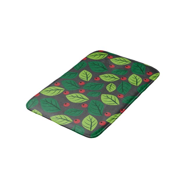 Green Leaves, Red Berries, Pattern Of Leaves Bath Mat (Angled)