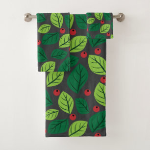 Green Leaves, Red Berries, Pattern Of Leaves Bath Towel Set