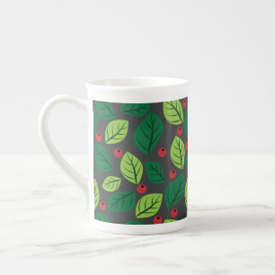 Green Leaves, Red Berries, Pattern Of Leaves Bone China Mug
