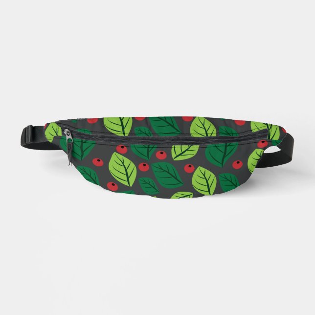 Green Leaves, Red Berries, Pattern Of Leaves Bum Bags (Front)