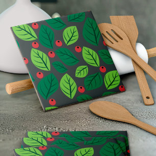 Green Leaves, Red Berries, Pattern Of Leaves Ceramic Tile