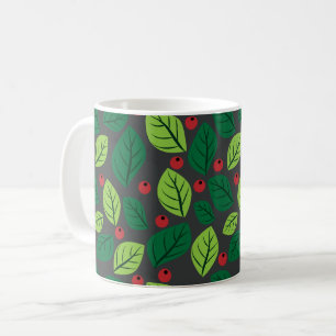Green Leaves, Red Berries, Pattern Of Leaves Coffee Mug