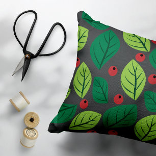 Green Leaves, Red Berries, Pattern Of Leaves Decorative Cushion