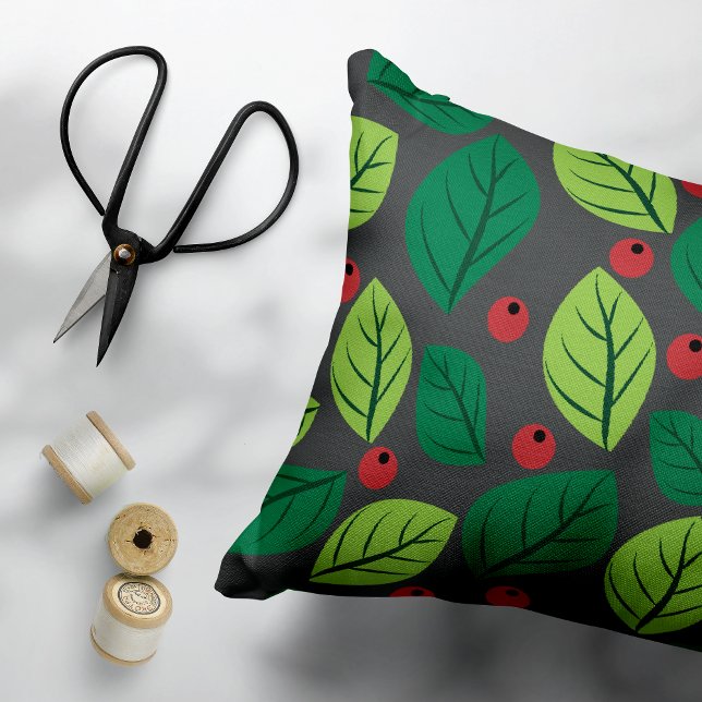Green Leaves, Red Berries, Pattern Of Leaves Decorative Cushion (Creator Uploaded)