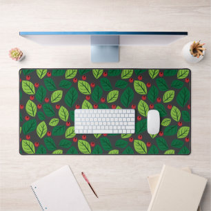 Green Leaves, Red Berries, Pattern Of Leaves Desk Mat