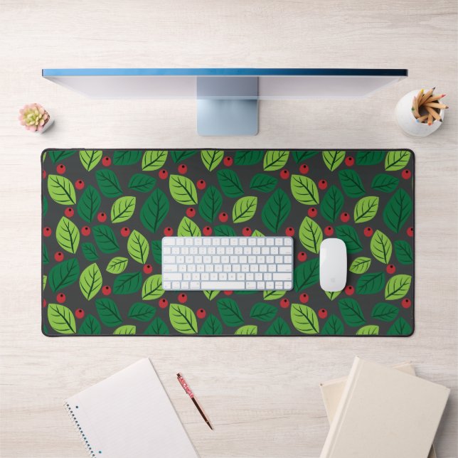 Green Leaves, Red Berries, Pattern Of Leaves Desk Mat (Office 1)