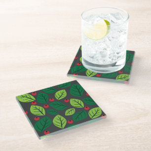 Green Leaves, Red Berries, Pattern Of Leaves Glass Coaster