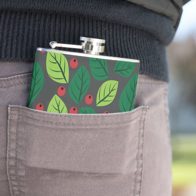 Green Leaves, Red Berries, Pattern Of Leaves Hip Flask (In Situ)