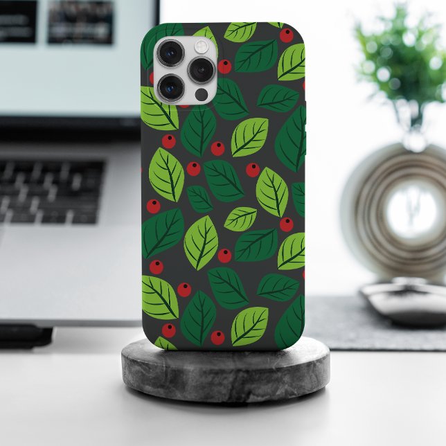 Green Leaves, Red Berries, Pattern Of Leaves iPhone Case (Creator Uploaded)
