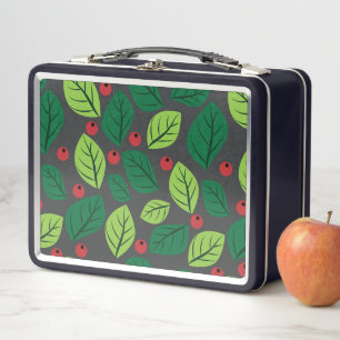 Green Leaves, Red Berries, Pattern Of Leaves Metal Lunch Box