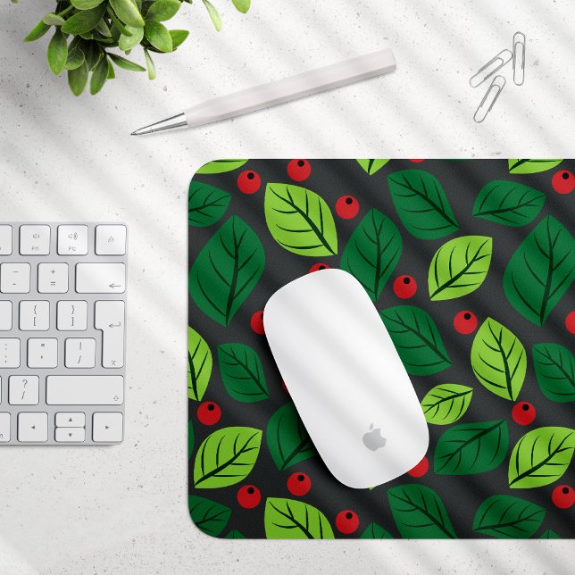 Green Leaves, Red Berries, Pattern Of Leaves Mouse Pad (Creator Uploaded)