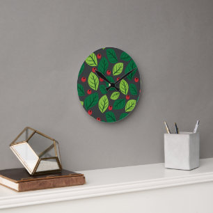 Green Leaves, Red Berries, Pattern Of Leaves Round Clock