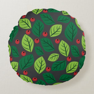Green Leaves, Red Berries, Pattern Of Leaves Round Cushion