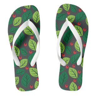 Green Leaves, Red Berries, Pattern Of Leaves Thongs