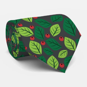 Green Leaves, Red Berries, Pattern Of Leaves Tie