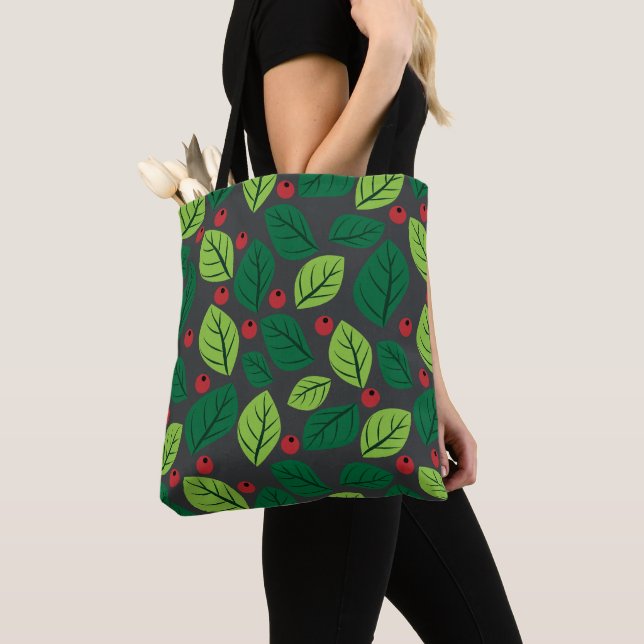 Green Leaves, Red Berries, Pattern Of Leaves Tote Bag (Close Up)