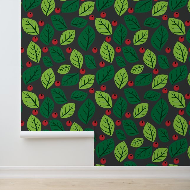 Green Leaves, Red Berries, Pattern Of Leaves Wallpaper (Application)