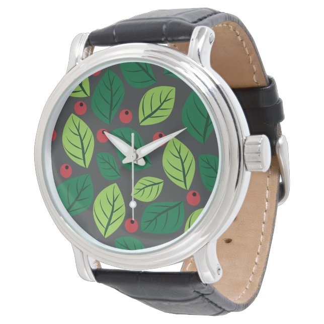 Green Leaves, Red Berries, Pattern Of Leaves Watch (Angled)