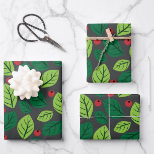 Green Leaves, Red Berries, Pattern Of Leaves Wrapping Paper Sheet