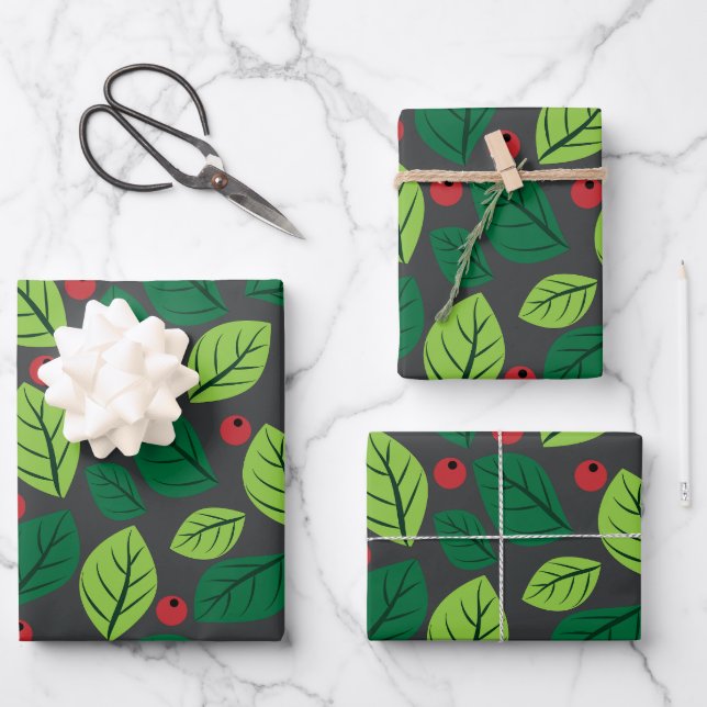 Green Leaves, Red Berries, Pattern Of Leaves Wrapping Paper Sheet (Front)