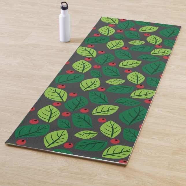 Green Leaves, Red Berries, Pattern Of Leaves Yoga Mat (In Situ)