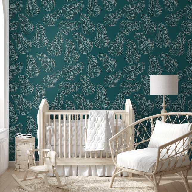 Green Leaves Regal Line Art Pattern Wallpaper (Kids)