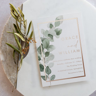 Green Leaves Rose Gold Foil Border Wedding