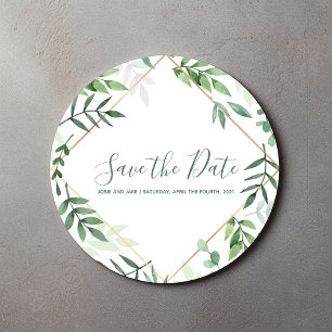 Green leaves Save the date garden wedding Classic Round Sticker