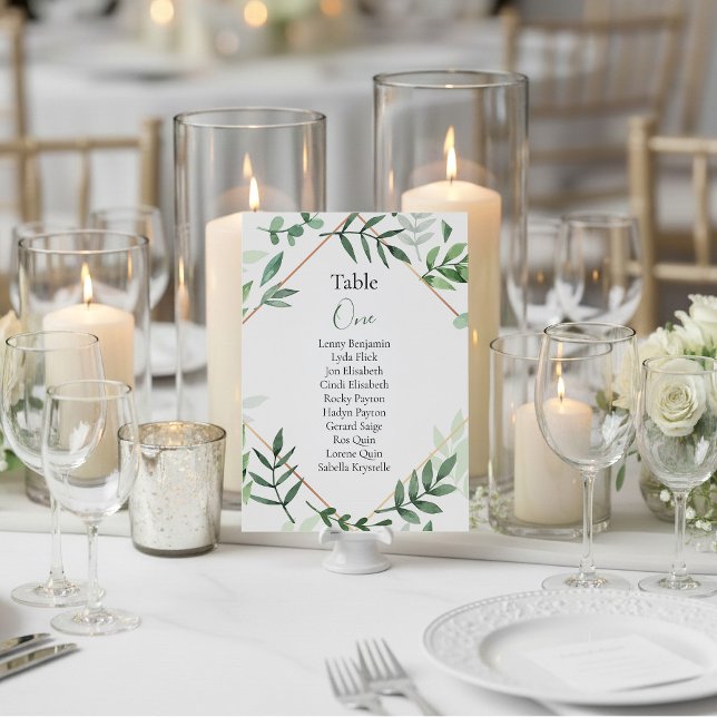 Green leaves Table Number Seating Chart (Leafy green and copper, wedding table number name chart place card.)