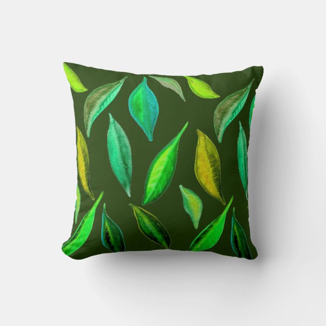 Green Leaves watercolor environmental Cushion (Front)