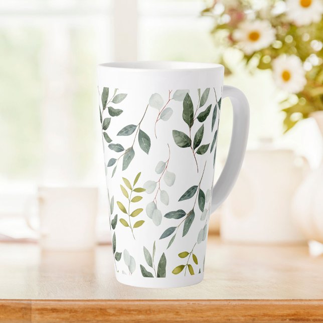 Green Leaves Watercolor Pattern Latte Mug (In situ)