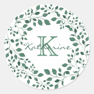 Green Leaves Watercolor Wreath Monogram Classic Round Sticker