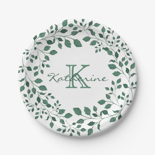 Green leaves watercolor wreath | Monogram Paper Plate