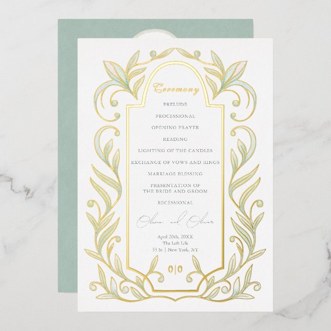 Green Leaves Wedding Foil Program (Front/Back)