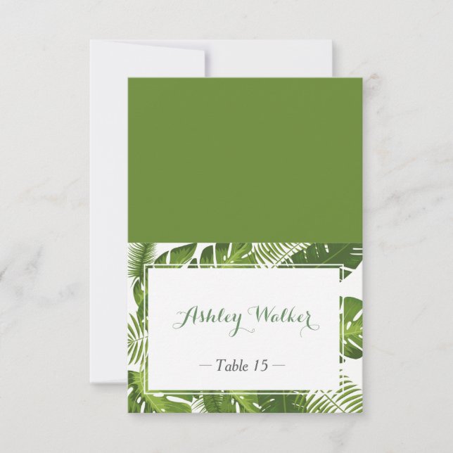 Green leaves Wedding Place Escort Card (Front)