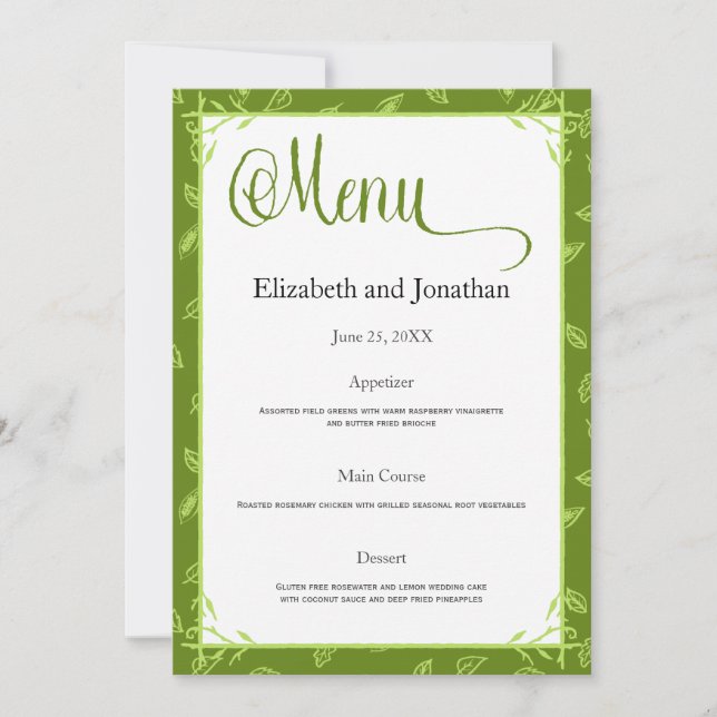 Green Leaves Wedding Reception Menu Card (Front)