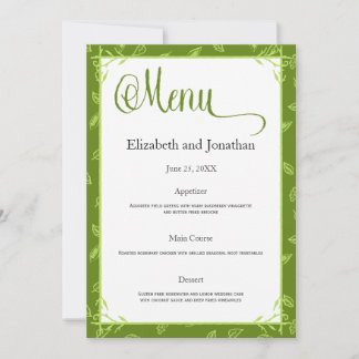 Green Leaves Wedding Reception Menu Card