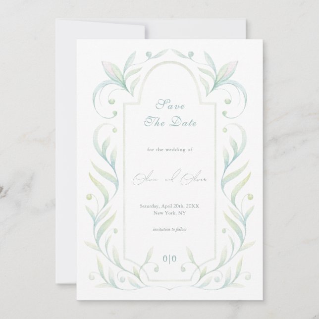 Green Leaves Wedding Save The Date Invitation (Front)